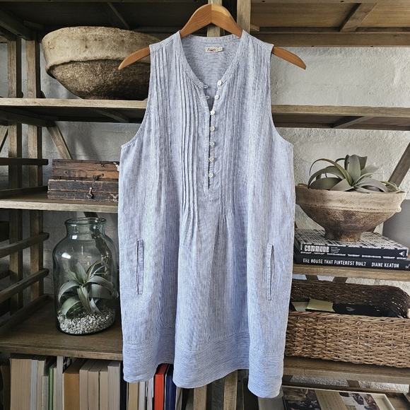 Faherty- Isha Linen Mini Dress Blue Mini Stripe SzM - Picture 2 of 12